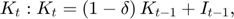 $$K_{t}: K_{t}=\left(1-\delta\right)K_{t-1}+I_{t-1},$$