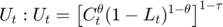$$U_t: U_t = \left[C_t^{\theta}(1-L_t)^{1-\theta}\right]^{1-\tau}$$