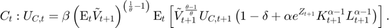 $$C_{t}: U_{C,t}=\beta\left(\mathrm{E}_{t}\tilde{V}_{t+1}\right)^{\left(\frac{1}{\theta}-1\right)}\mathrm{E}_{t}\left[\tilde{V}_{t+1}^{\frac{\theta-1}{\theta}}U_{C,t+1}\left(1-\delta+ \alpha e^{Z_{t+1}}K_{t+1}^{\alpha-1}L_{t+1}^{\alpha-1}\right)\right].$$