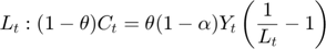 $$L_t: (1-\theta) C_t = \theta (1-\alpha) Y_t \left(\frac{1}{L_t}-1\right)$$