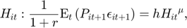$$H_{it}: \frac{1}{1+r}\mathrm{E}_{t}\left(P_{it+1}\epsilon_{it+1}\right)=h {H_{it}}^{\mu},$$