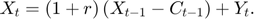 $$X_{t}=\left(1+r\right)\left(X_{t-1}-C_{t-1}\right)+Y_{t}.$$