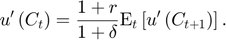 $$u'\left(C_{t}\right)=\frac{1+r}{1+\delta}\mathrm{E}_{t}\left[u'\left(C_{t+1}\right)\right].$$