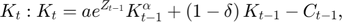 $$K_{t}: K_{t}=a e^{Z_{t-1}}K_{t-1}^{\alpha}+\left(1-\delta\right)K_{t-1}-C_{t-1},$$