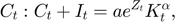 $$C_{t}: C_{t}+I_{t}=a e^{Z_{t}}K_{t}^{\alpha},$$